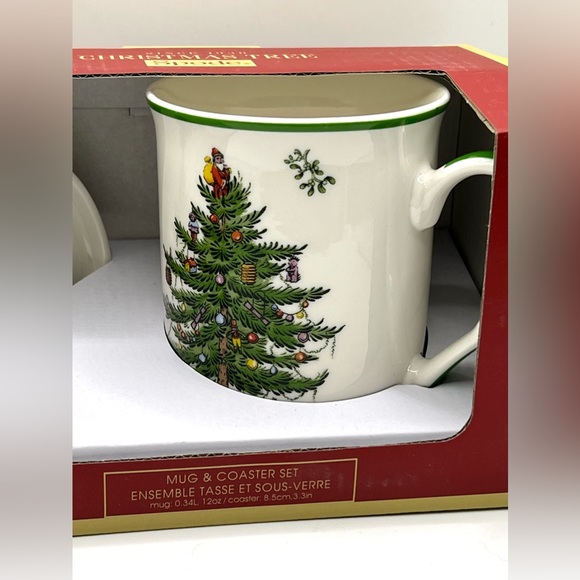 Spode Christmas Tree Ceramic Coffee Tea Mug 12 oz & Round Coaster 3.3" Set NIB - Picture 3 of 10